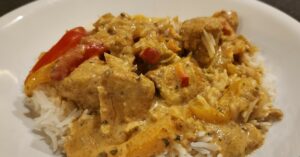 Spicy coconut fish curry over basmati rice.